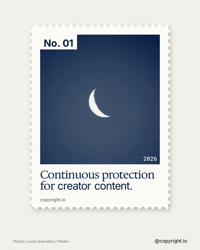 Instagram portrait post for copyright.io: "Continuous protection for creator content." Single style, technique:stamp series layout, light palette in white, blue.