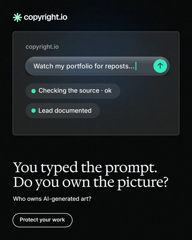 Instagram portrait post for copyright.io: "You typed the prompt. Do you own the picture?" Phosphor atlas style, bottom layout, dark palette in black, grey.
