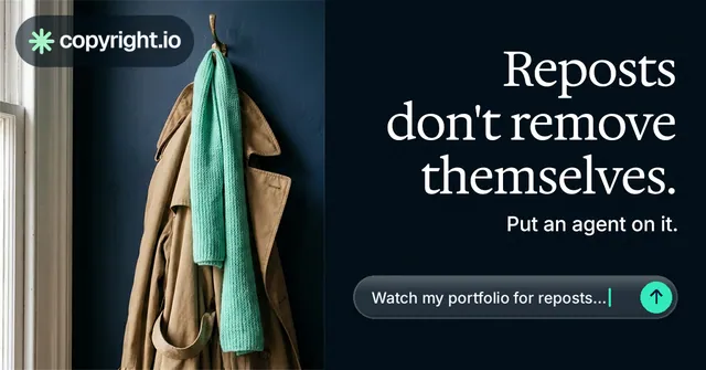 Social ad for copyright.io: "Reposts don't remove themselves." Agentic glass style, right layout, dark palette in black, grey.