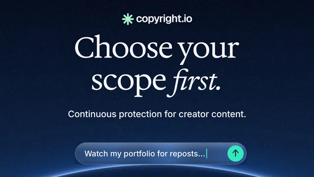Landscape graphic for copyright.io: "Choose your scope first." Agentic glass style, centred layout, dark palette in blue, black.