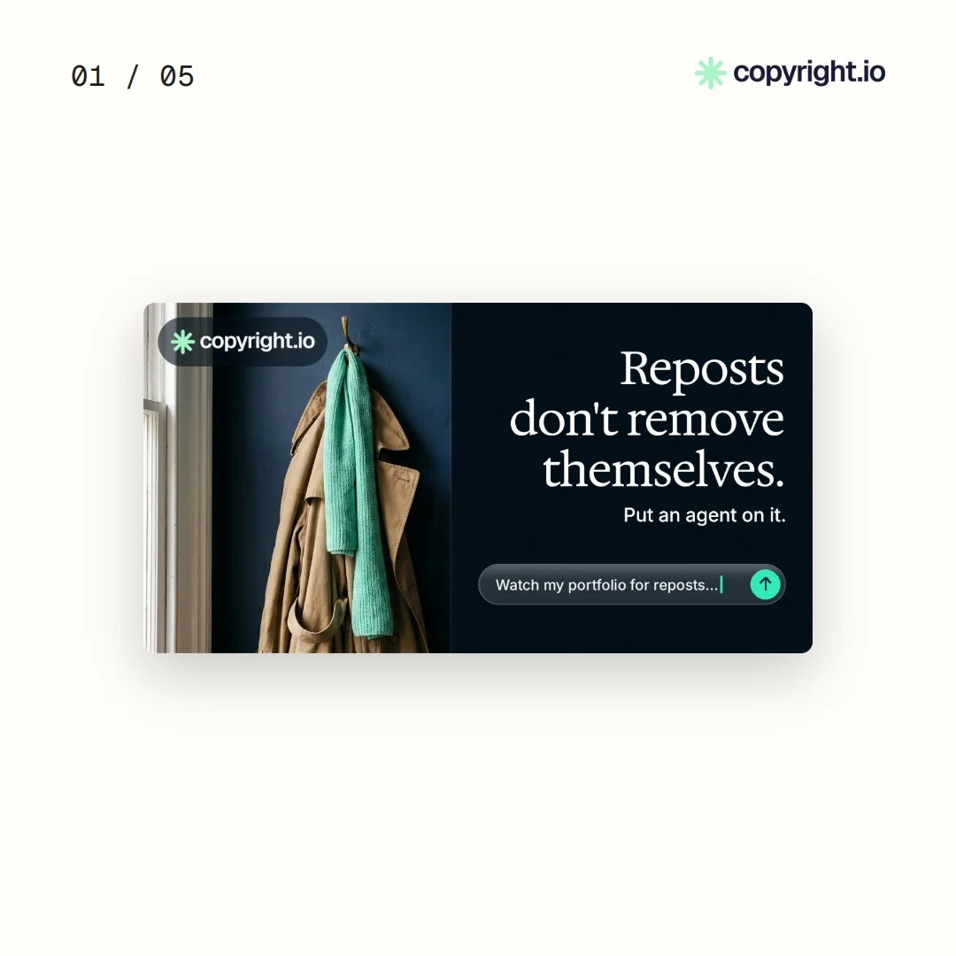 Video for copyright.io. Ad flipbook, 7.5 s, light palette.