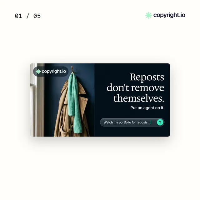 Video for copyright.io. Ad flipbook, 7.5 s, light palette.