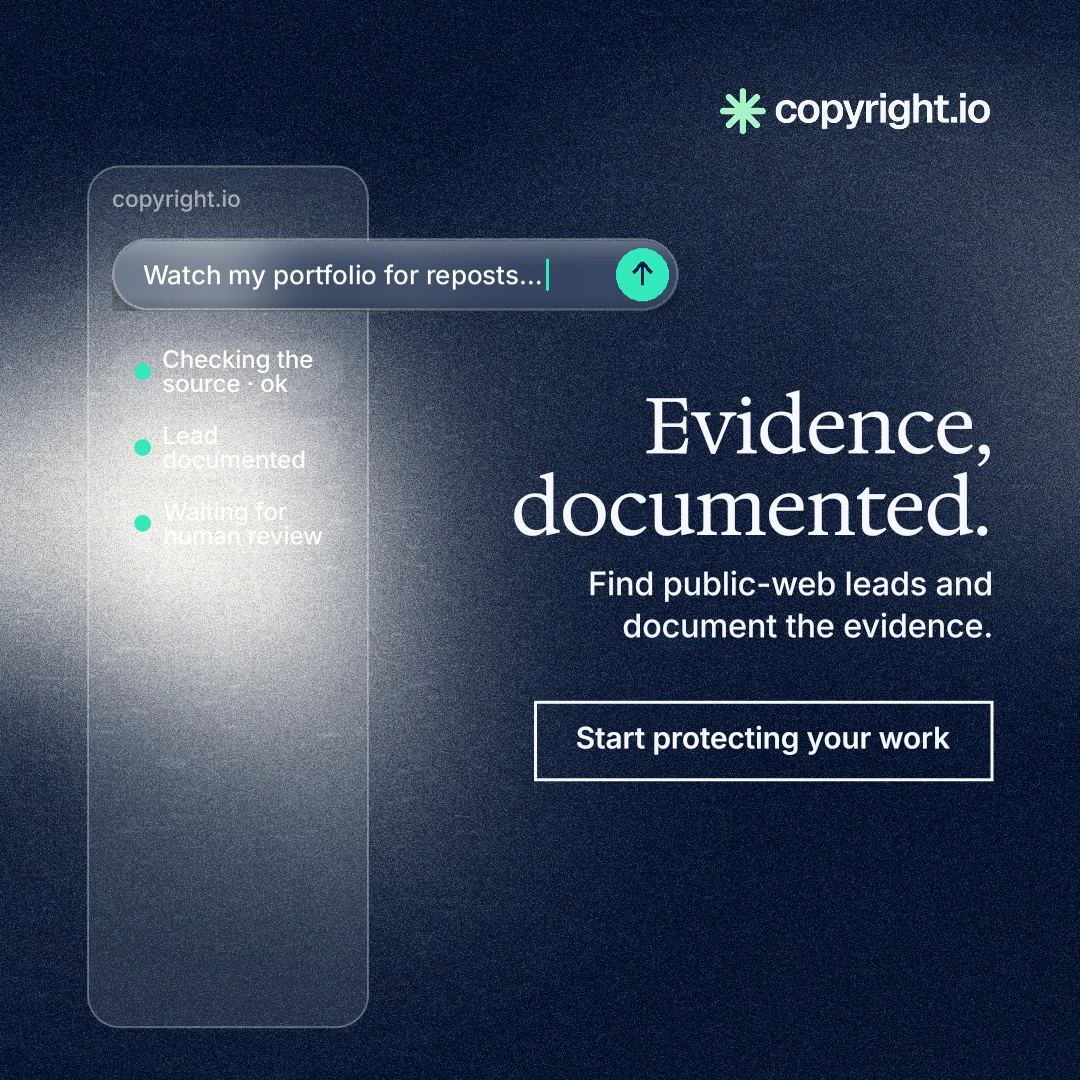 Instagram post for copyright.io: "Evidence, documented." Cyanotype style, right layout, dark palette in blue, black, grey.