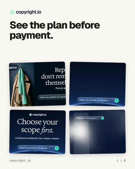 Carousel for copyright.io: "See the plan before payment.". Collection carousel, 8 slides, light palette.