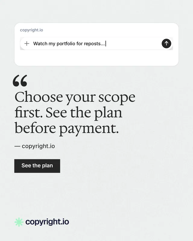 Instagram portrait post for copyright.io: "Choose your scope first. See the plan before payment." Swiss style, quote layout, light palette in white, grey.