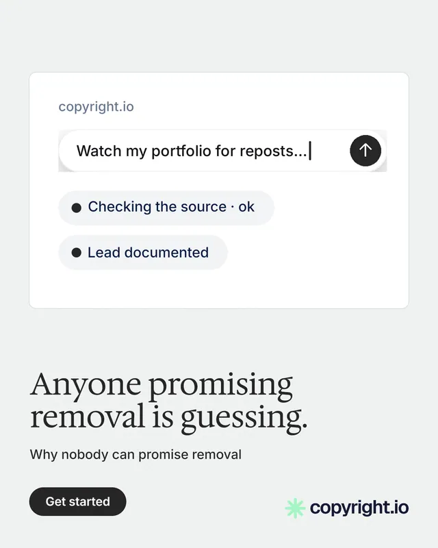Instagram portrait post for copyright.io: "Anyone promising removal is guessing." Data card style, bottom layout, light palette in white.