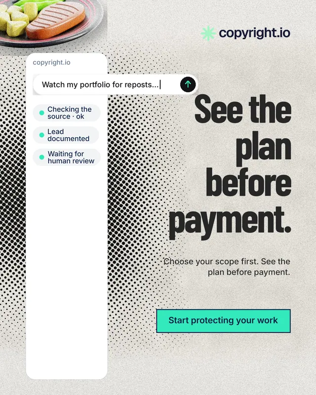 Instagram portrait post for copyright.io: "See the plan before payment." Ink sticker style, right layout, light palette in white, grey.