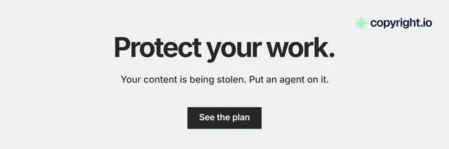 X header for copyright.io: "Protect your work." Swiss style, centred layout, light palette in white.