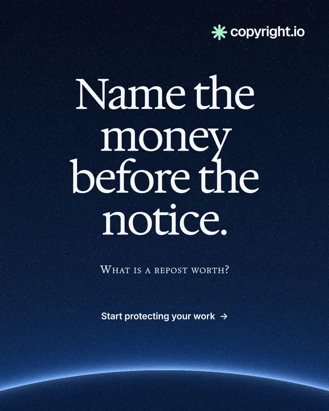 Instagram portrait post for copyright.io: "Name the money before the notice." Swiss style, smallcaps layout, dark palette in blue, black.
