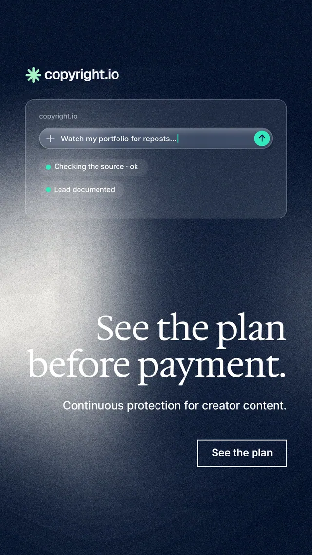 Instagram story for copyright.io: "See the plan before payment." Cyanotype style, right layout, dark palette in black, blue, grey.