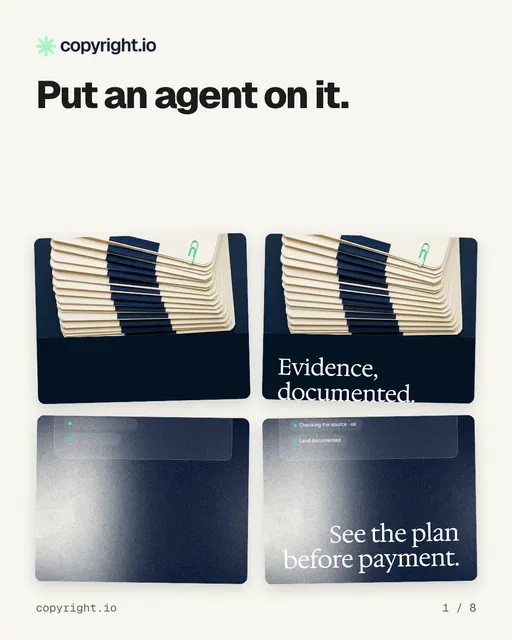 Carousel for copyright.io: "Put an agent on it.". Collection carousel, 8 slides, light palette.