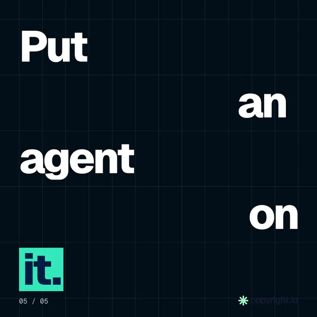 Video for copyright.io: "Put an agent on it.". Kinetic type grid, 6.0 s, dark palette.