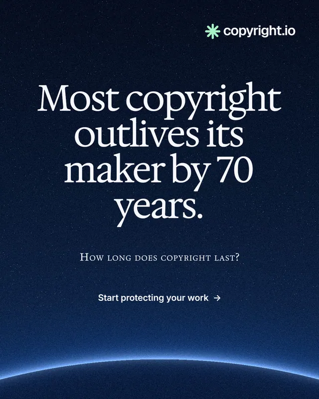 Instagram portrait post for copyright.io: "Most copyright outlives its maker by 70 years." Swiss style, smallcaps layout, dark palette in blue, black.