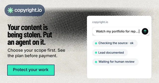 Social ad for copyright.io: "Your content is being stolen. Put an agent on it." Ink sticker style, bottom layout, light palette in green, grey, white.