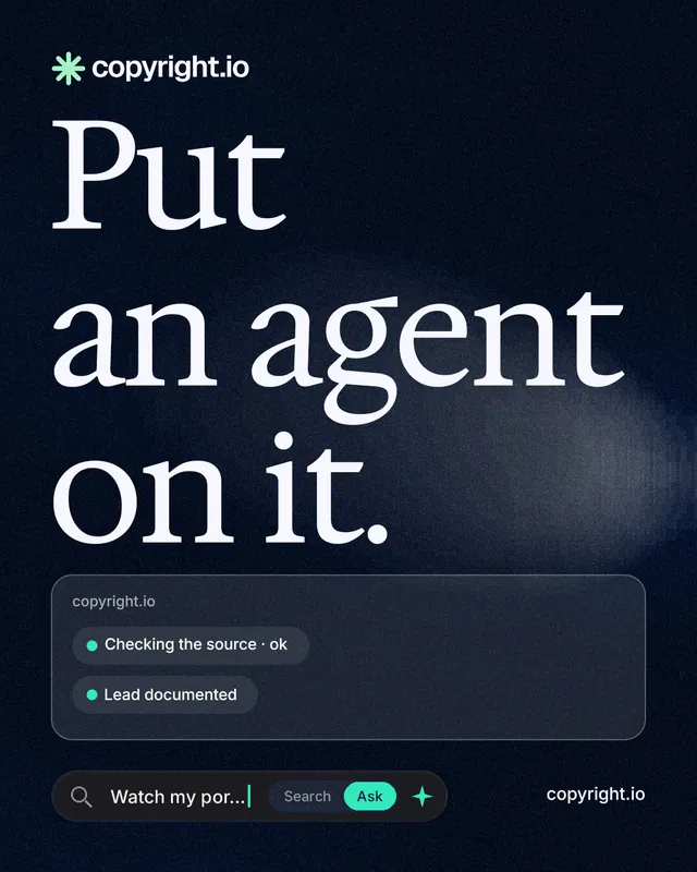 Instagram portrait post for copyright.io: "Put an agent on it." Thermal style, poster layout, dark palette in blue, black, grey.