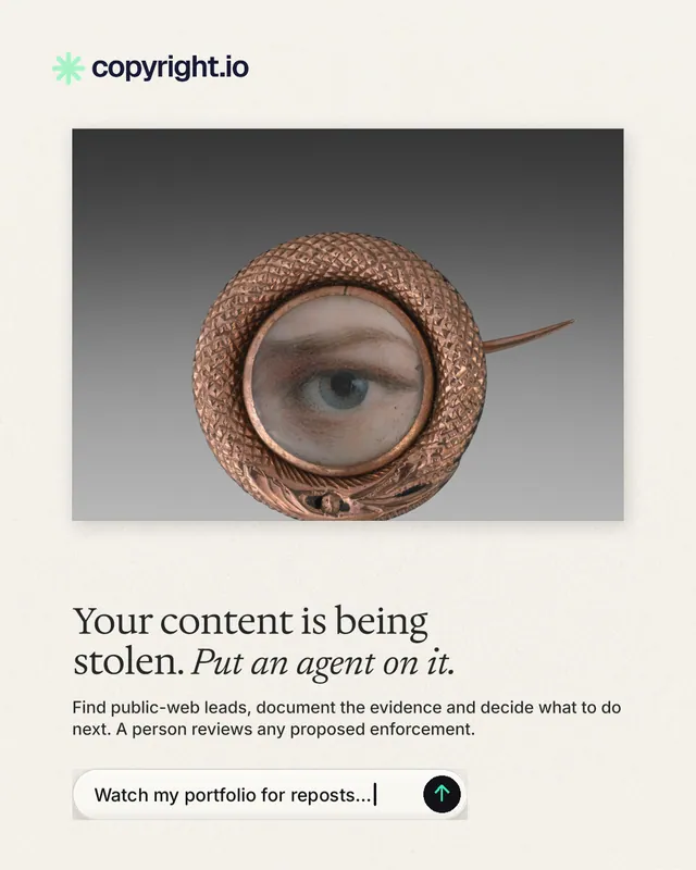 Instagram portrait post for copyright.io: "Your content is being stolen. Put an agent on it." Agentic glass style, bottom layout, light palette in white, grey.