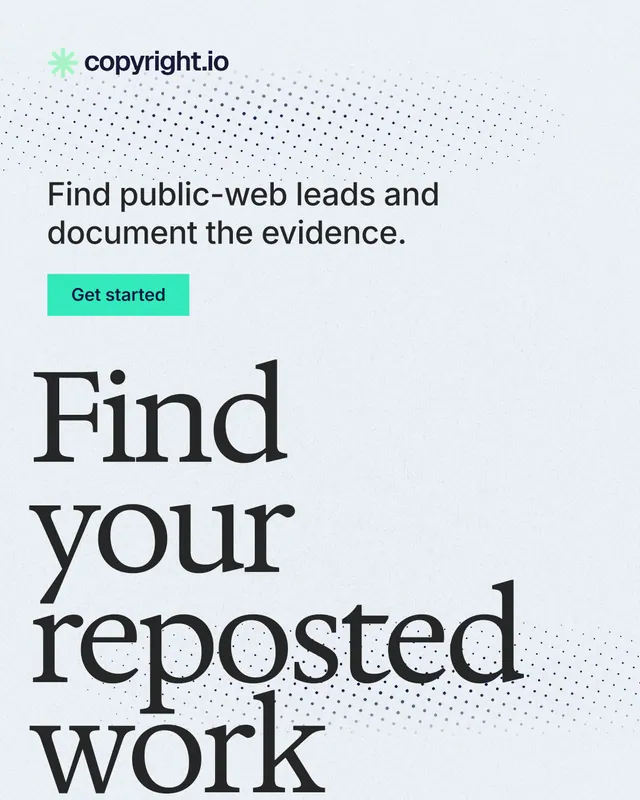 Instagram portrait post for copyright.io: "Find your reposted work." Swiss style, oversized layout, light palette in white, grey.
