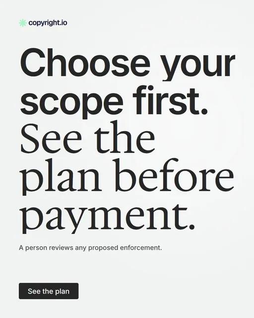 Video for copyright.io: "Choose your scope first. See the plan before payment.". Doc motion loop, 8.0 s, light palette.