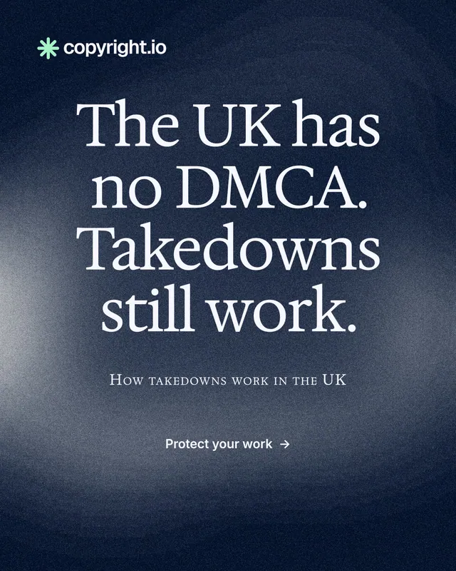 Instagram portrait post for copyright.io: "The UK has no DMCA. Takedowns still work." Cyanotype style, smallcaps layout, dark palette in blue, grey.