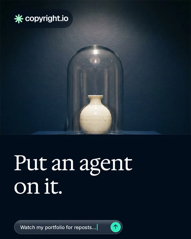 Instagram portrait post for copyright.io: "Put an agent on it." Agentic glass style, bottom layout, dark palette in black, blue, grey.