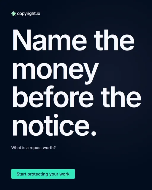 Video for copyright.io: "Name the money before the notice.". Doc motion loop, 6.0 s, dark palette.