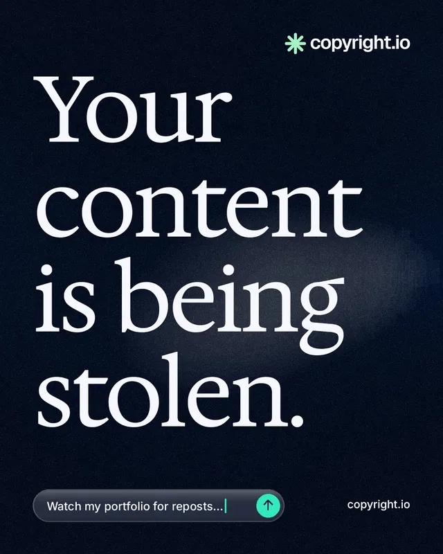 Instagram portrait post for copyright.io: "Your content is being stolen." Thermal style, poster layout, dark palette in black, grey.