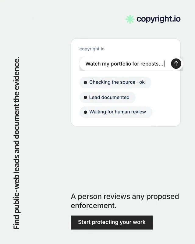 Instagram portrait post for copyright.io: "Find public-web leads and document the evidence." Swiss style, vertical layout, light palette in white.