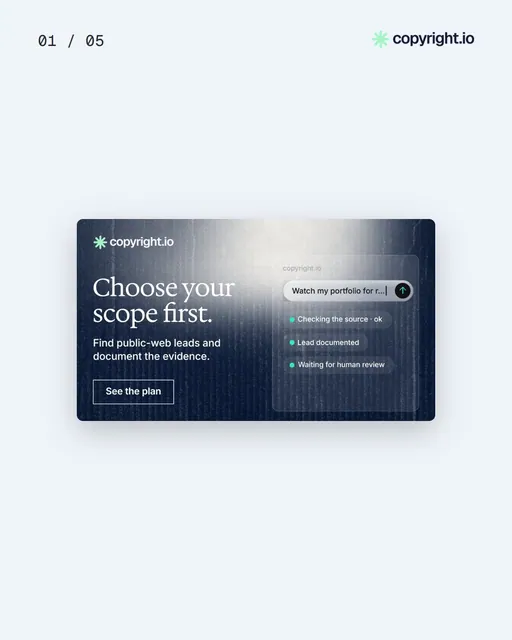 Video for copyright.io. Ad flipbook, 7.5 s, light palette.