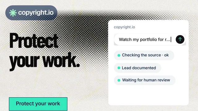 Landscape graphic for copyright.io: "Protect your work." Ink sticker style, bottom layout, light palette in green, grey, white.