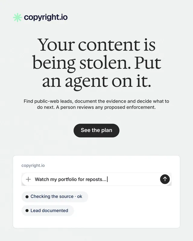 Instagram portrait post for copyright.io: "Your content is being stolen. Put an agent on it." Data card style, centred layout, light palette in white, grey.