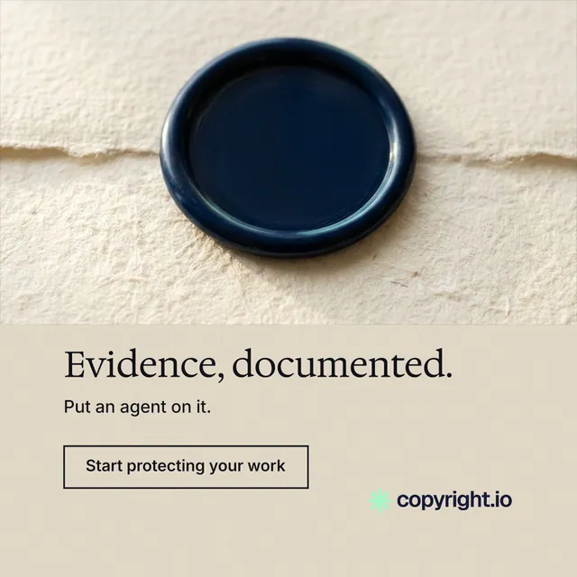 Instagram post for copyright.io: "Evidence, documented." Editorial style, bottom layout, light palette in orange, yellow, black.