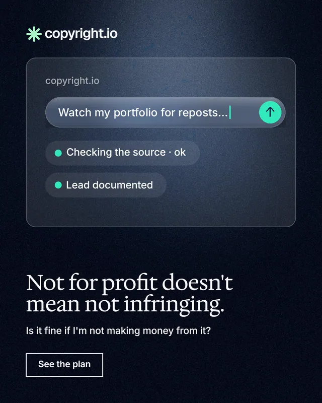 Instagram portrait post for copyright.io: "Not for profit doesn't mean not infringing." Dark deco style, bottom layout, dark palette in blue, black.