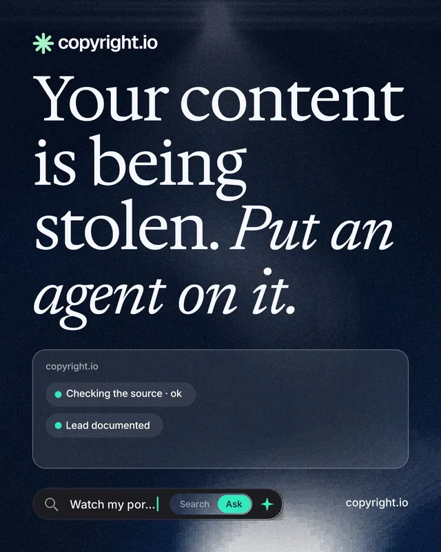 Instagram portrait post for copyright.io: "Your content is being stolen. Put an agent on it." Thermal style, poster layout, dark palette in blue, black, grey.