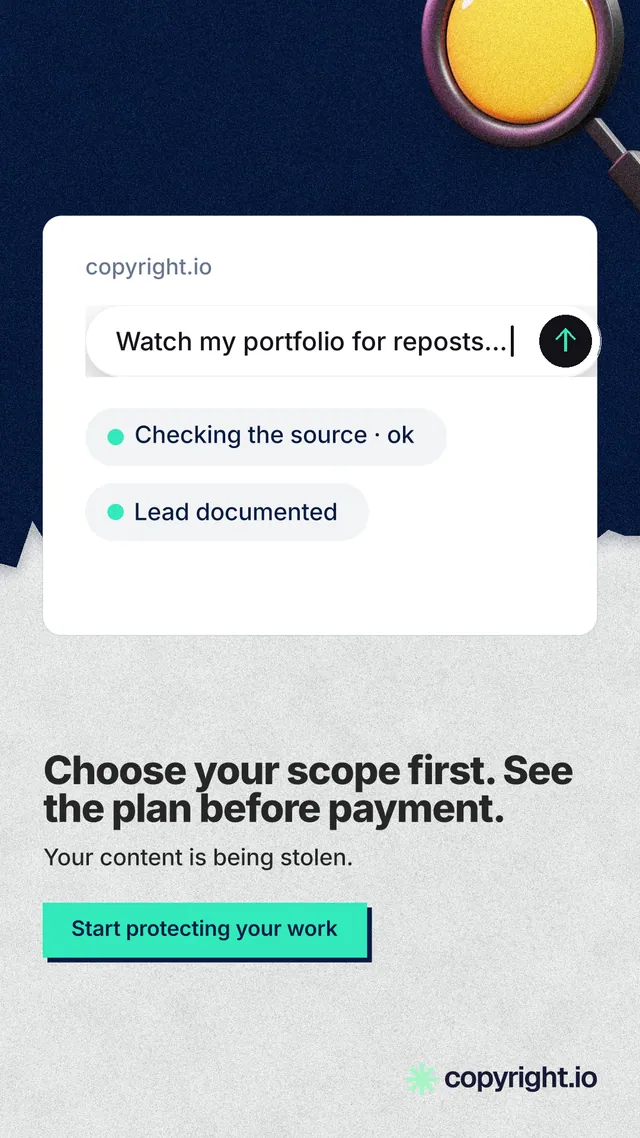 Instagram story for copyright.io: "Choose your scope first. See the plan before payment." Paper trio style, bottom layout, light palette in white, blue, grey.