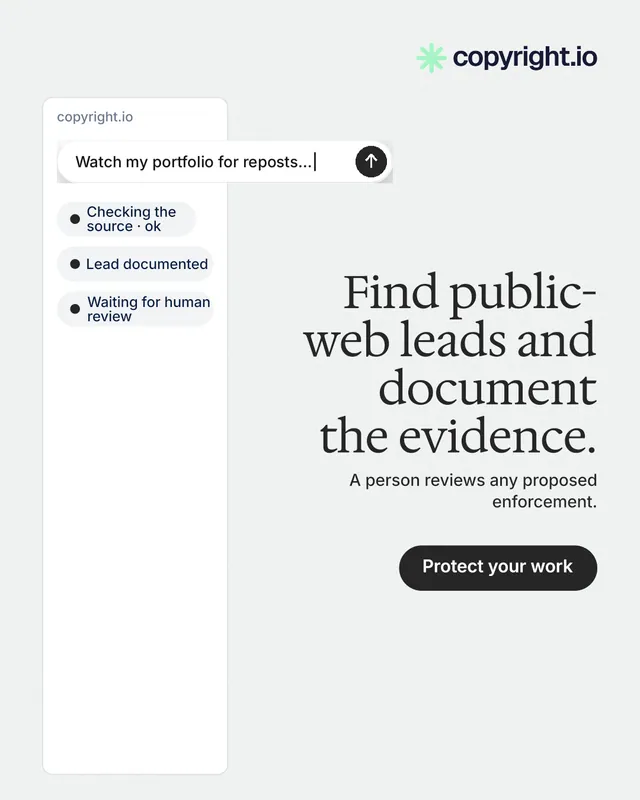 Instagram portrait post for copyright.io: "Find public-web leads and document the evidence." Data card style, right layout, light palette in white.