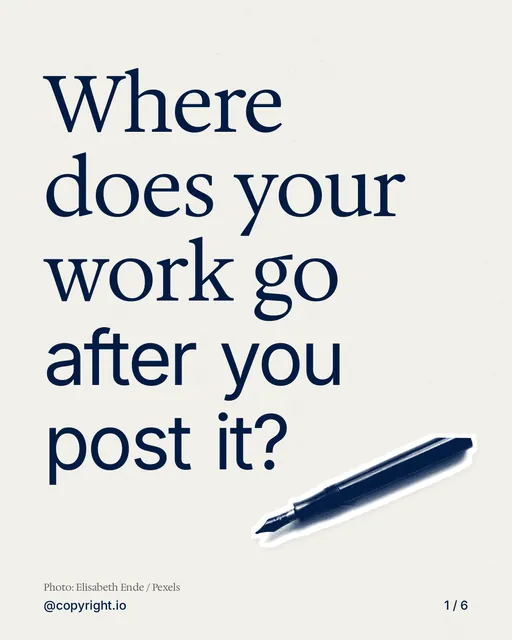 Carousel for copyright.io: "Where does your work go after you post it?". Cutout essay, 6 slides, light palette.