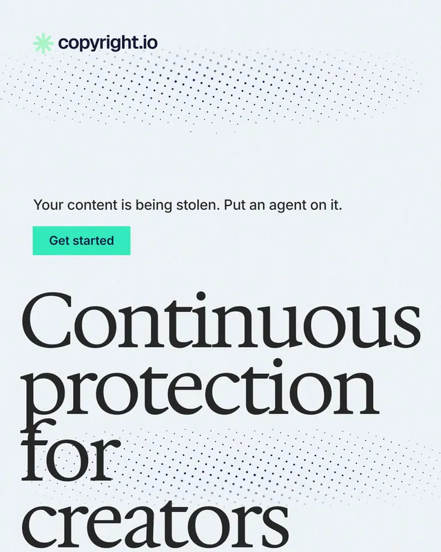 Instagram portrait post for copyright.io: "Continuous protection for creators." Swiss style, oversized layout, light palette in white, grey.