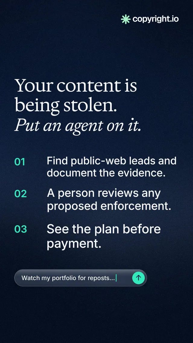 Instagram story for copyright.io: "Your content is being stolen. Put an agent on it." Agentic glass style, numbered layout, dark palette in black, blue, grey.