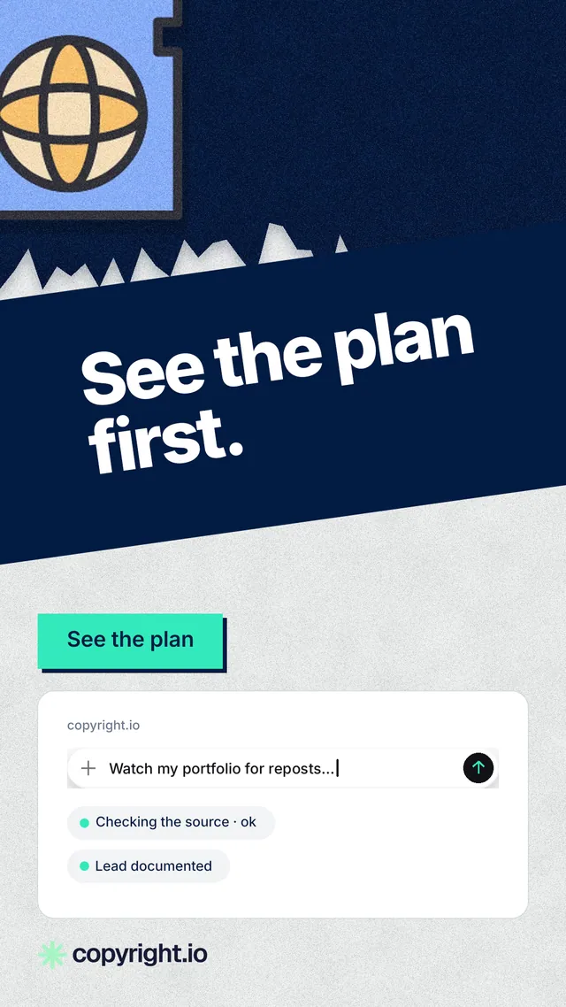 Instagram story for copyright.io: "See the plan first." Paper trio style, diagonal layout, light palette in blue, white, teal.