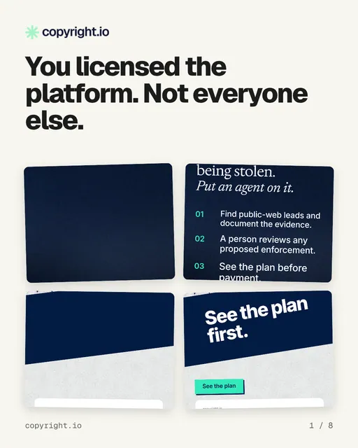 Carousel for copyright.io: "You licensed the platform. Not everyone else.". Collection carousel, 8 slides, light palette.
