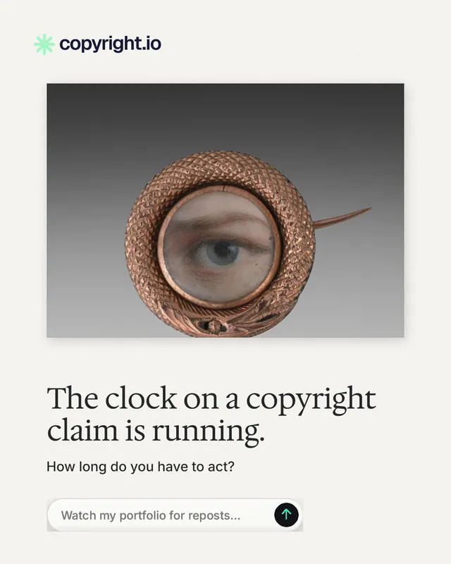 Instagram portrait post for copyright.io: "The clock on a copyright claim is running." Agentic glass style, bottom layout, light palette in white, grey.
