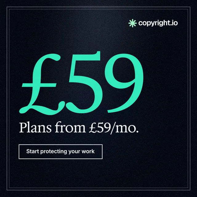 Instagram post for copyright.io: "Choose your scope first." Dark deco style, stat layout, dark palette in black, teal.