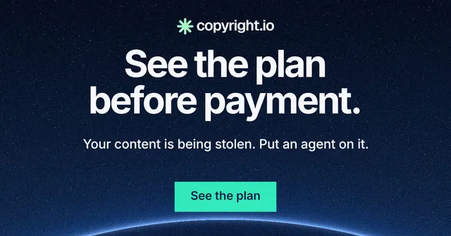 Social ad for copyright.io: "See the plan before payment." Swiss style, centred layout, dark palette in blue, black.