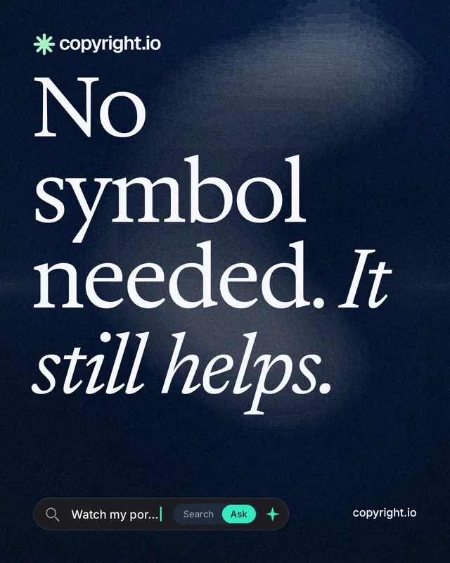 Instagram portrait post for copyright.io: "No symbol needed. It still helps." Thermal style, poster layout, dark palette in blue, black, grey.