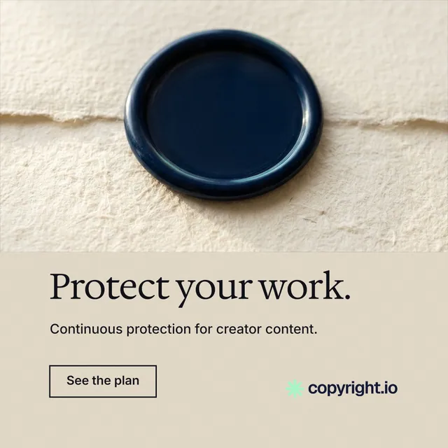 Instagram post for copyright.io: "Protect your work." Editorial style, bottom layout, light palette in orange, yellow, black.