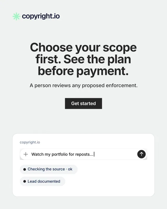 Instagram portrait post for copyright.io: "Choose your scope first. See the plan before payment." Swiss style, centred layout, light palette in white.