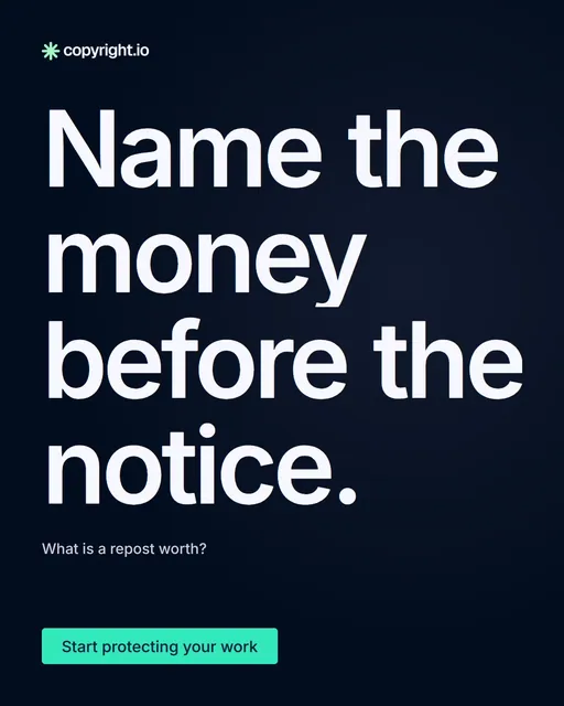 Video for copyright.io: "Name the money before the notice.". Doc motion loop, 8.0 s, dark palette.