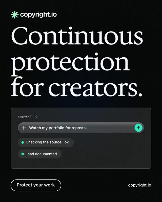 Instagram portrait post for copyright.io: "Continuous protection for creators." Phosphor atlas style, poster layout, dark palette in black, grey.