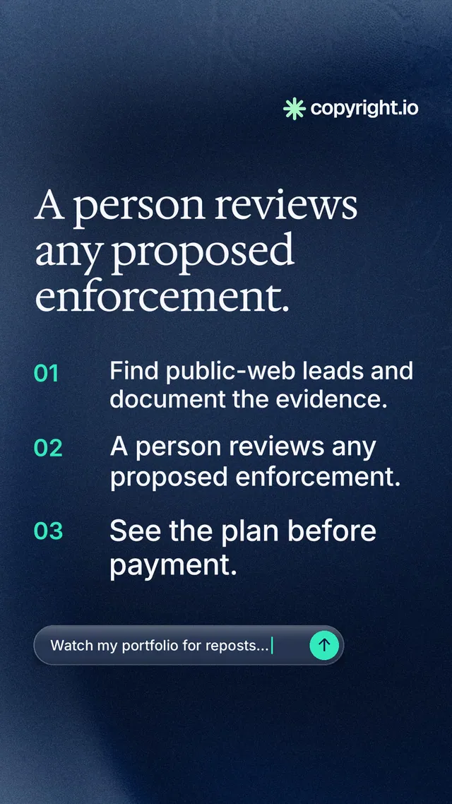 Instagram story for copyright.io: "A person reviews any proposed enforcement." Agentic glass style, numbered layout, dark palette in black, blue, grey.