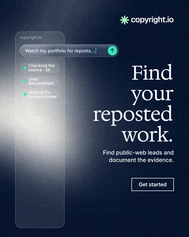 Instagram portrait post for copyright.io: "Find your reposted work." Cyanotype style, right layout, dark palette in black, blue, grey.